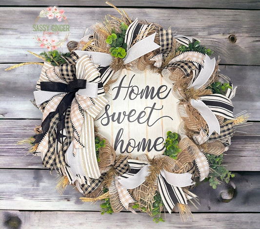 All-season Farmhouse chic “Home Sweet Home” Wreath